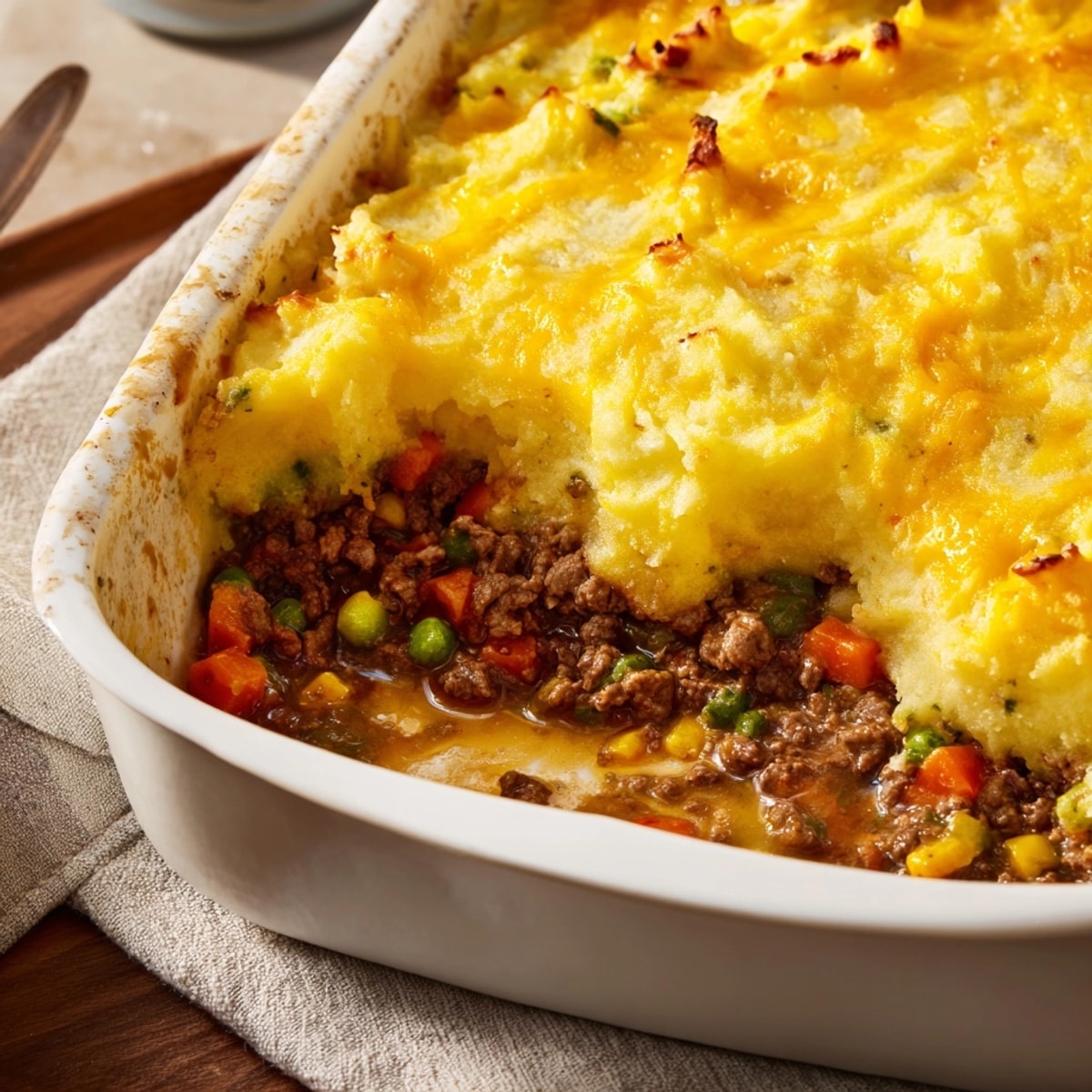 Golden brown, bubbly Warm Rustic Shepherds Pie with Cheesy Potato Topping ready to serve.
