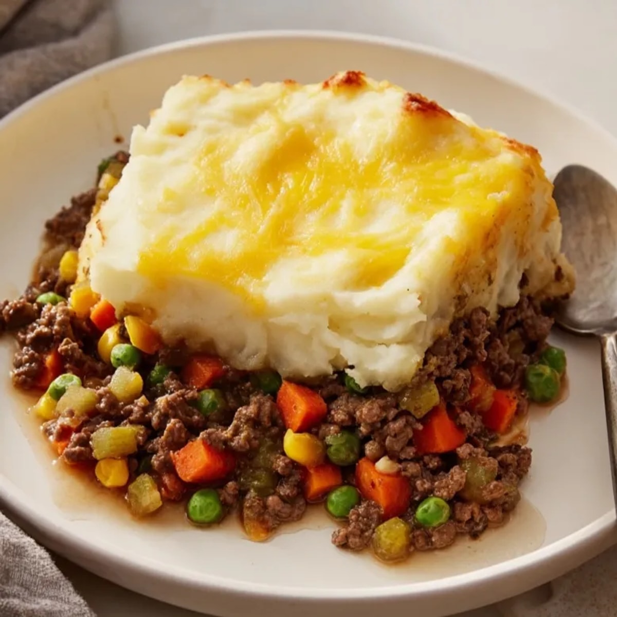 Close-up of a creamy Warm Rustic Shepherds Pie topped with melted cheddar, fresh from the oven.