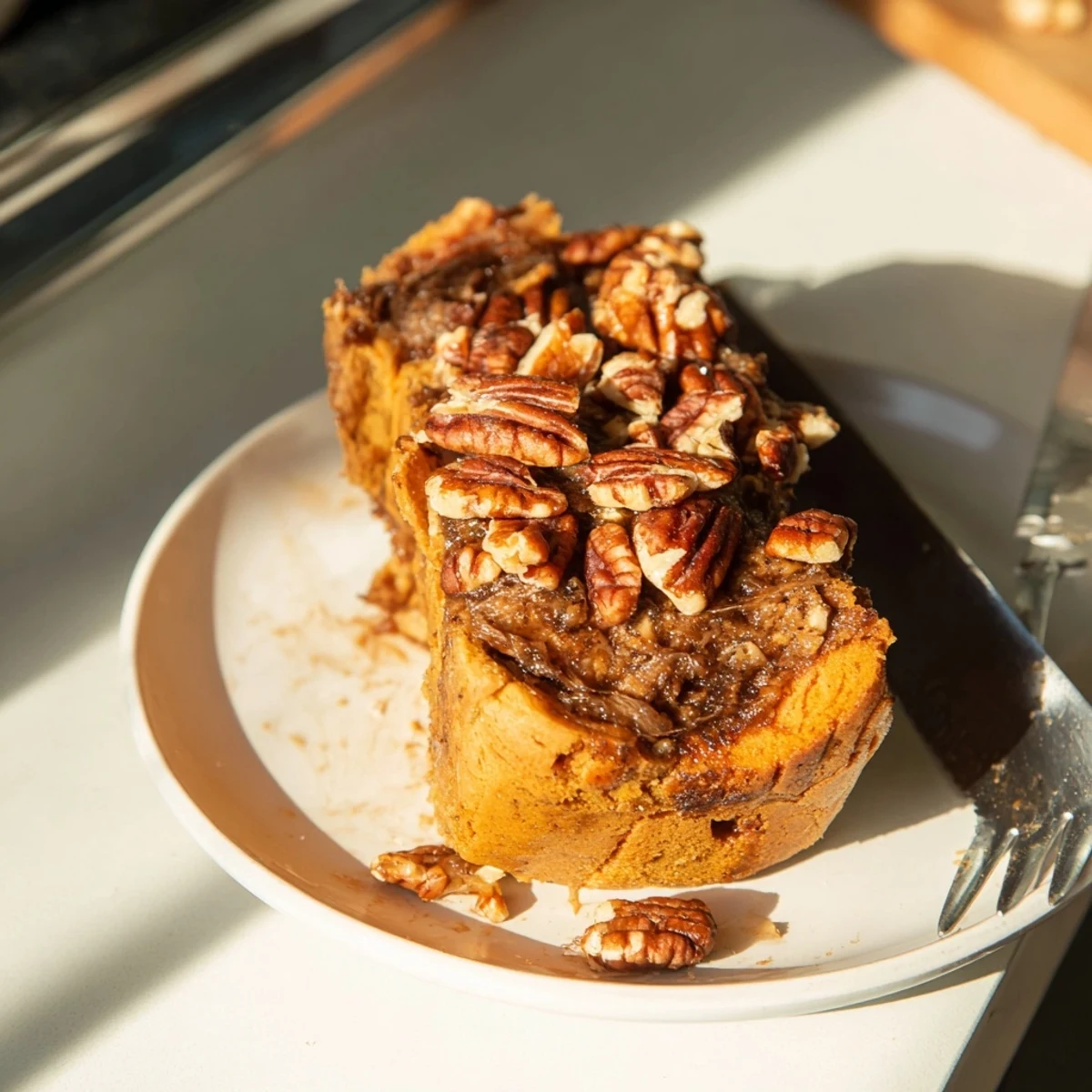A close-up of a rustic Weekend Cabin-Style Sweet Potato and Pecan Loaf, perfectly baked, ready to slice and enjoy.