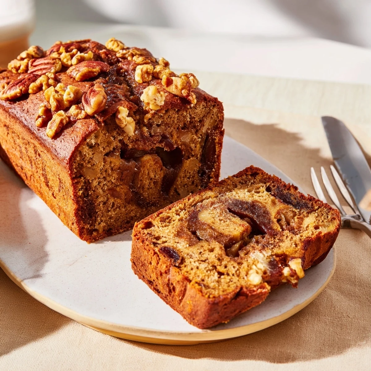 Warm, steaming slice of Weekend Cabin-Style Sweet Potato and Pecan Loaf, golden brown, with crunchy pecan topping.