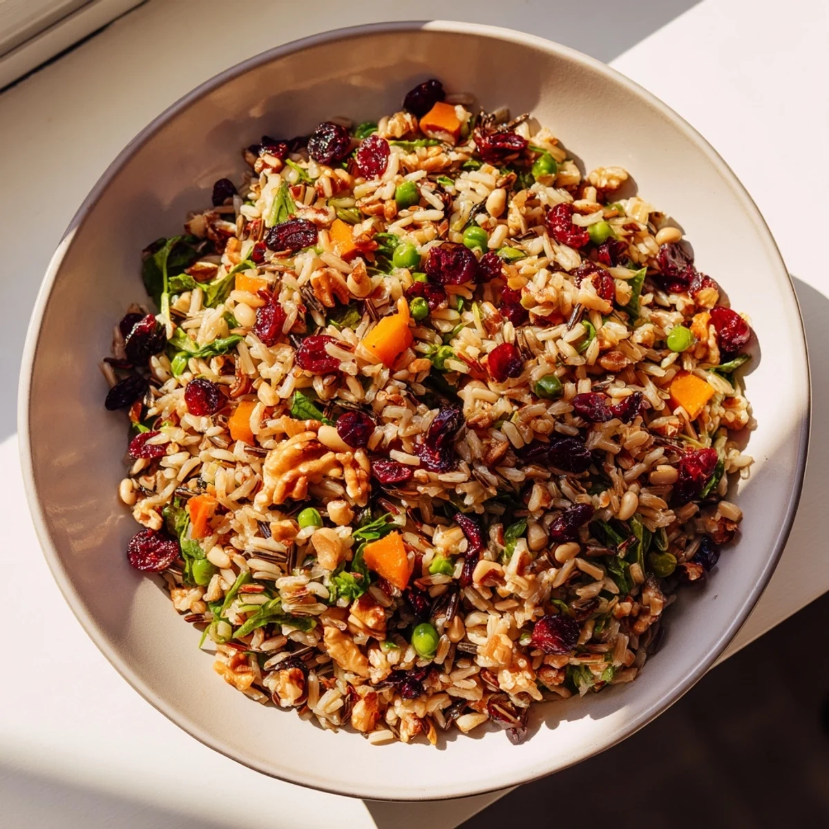 A colorful bowl of Light Forest Wild Rice and Cranberry Salad, bursting with fresh flavors.