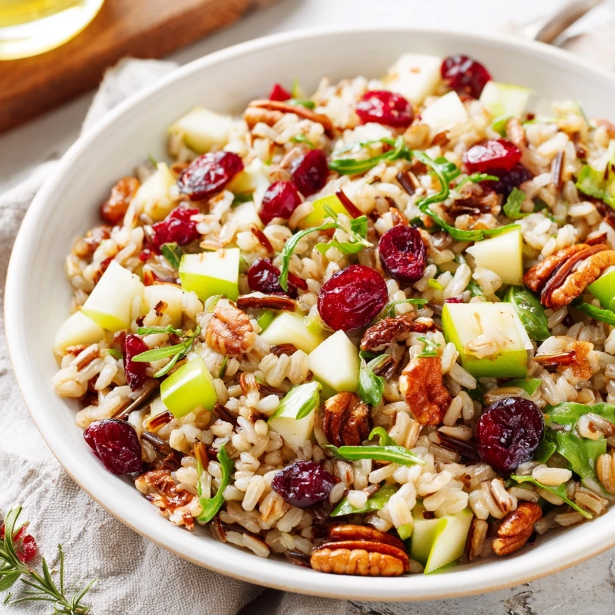 Earthy Wild Rice and Cranberry Salad drizzled with dressing, a perfect vegetarian side dish.