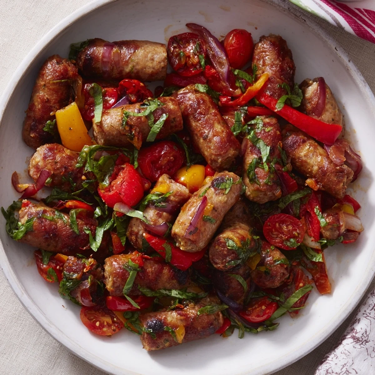 Sizzling Basil-Boosted Sausage and Pepper Skillet Supper, bursting with tomatoes, peppers, and savory sausage.