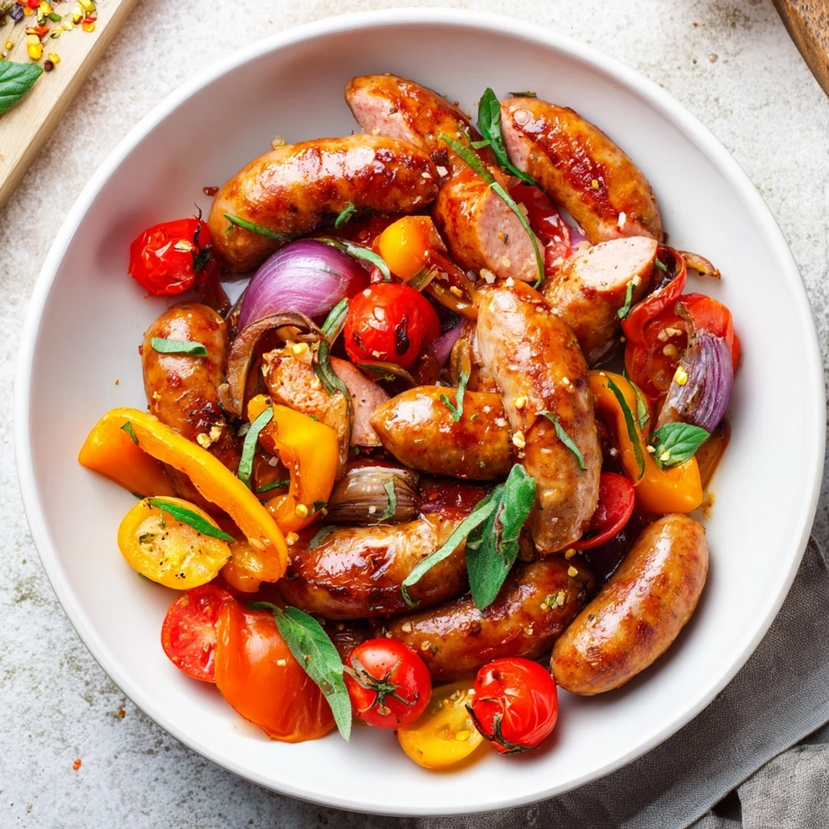 Golden-brown sausages mingle with colorful veggies, creating a delicious Basil-Boosted Sausage and Pepper Skillet Supper.
