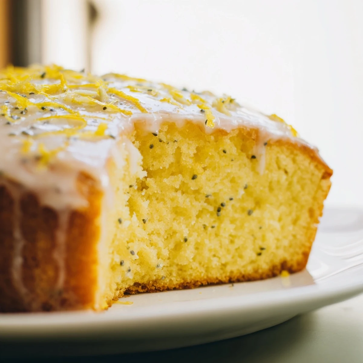 Moist, golden Glazed Lemon Poppy Seed Cake slices, drizzled with bright lemon glaze and ready to enjoy.