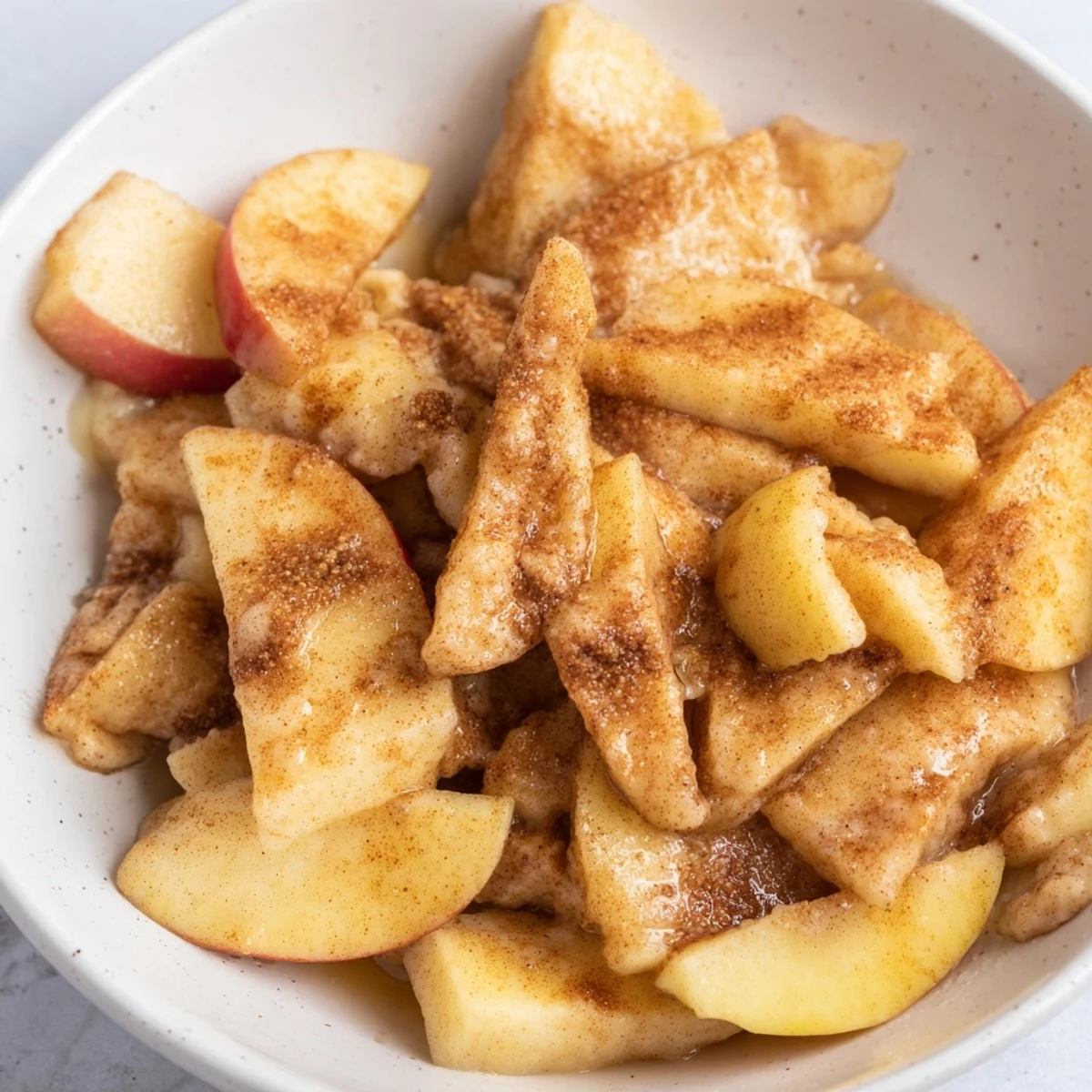 Golden-brown spiced apple crisp, a comforting dessert with a soft, buttery crumb topping.