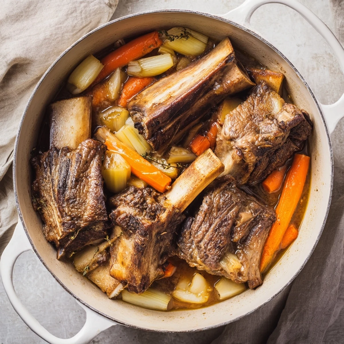 A Dutch oven overflows with delicious One-Pot Amber-Glowed Beer-Braised Short Ribs, perfect for a cozy dinner.