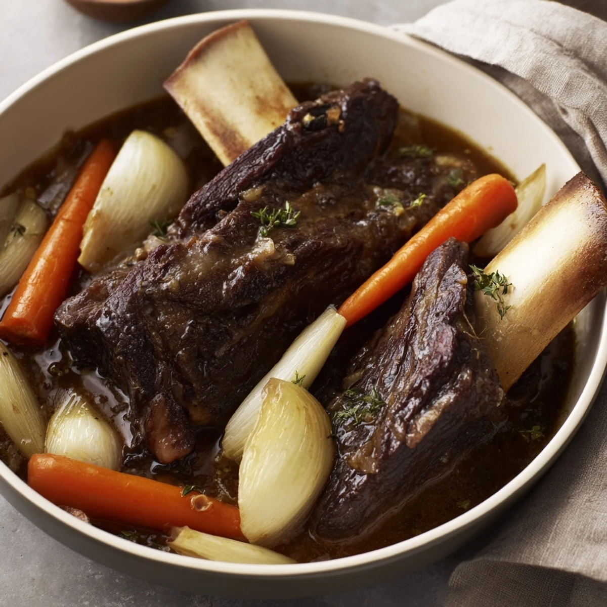 One-Pot Amber-Glowed Beer-Braised Short Ribs, tender and falling apart, served with vibrant braising sauce.