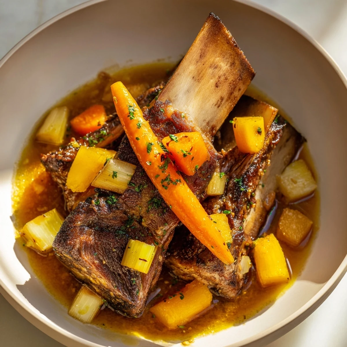 Picture perfect One-Pot Amber-Glowed Beer-Braised Short Ribs, a comforting meal with meltingly soft beef.