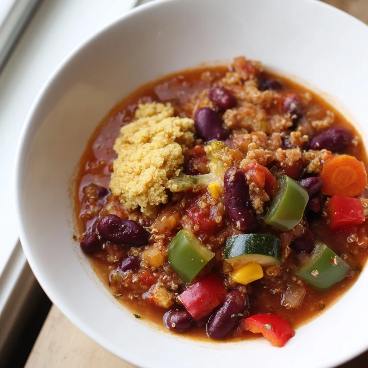 Golden-topped Rustic Wheat-Warm Chili with rich, savory aromas ready to serve for a cozy dinner.