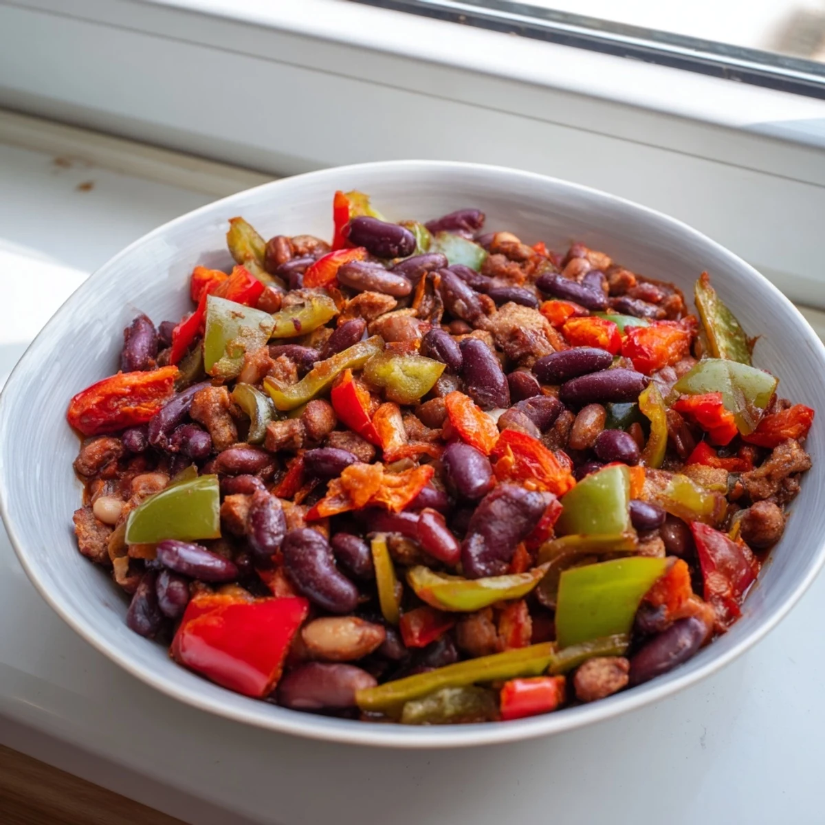 A steaming bowl of Rustic Wheat-Warm Chili with a fluffy cornbread crust, perfect for a cold evening.