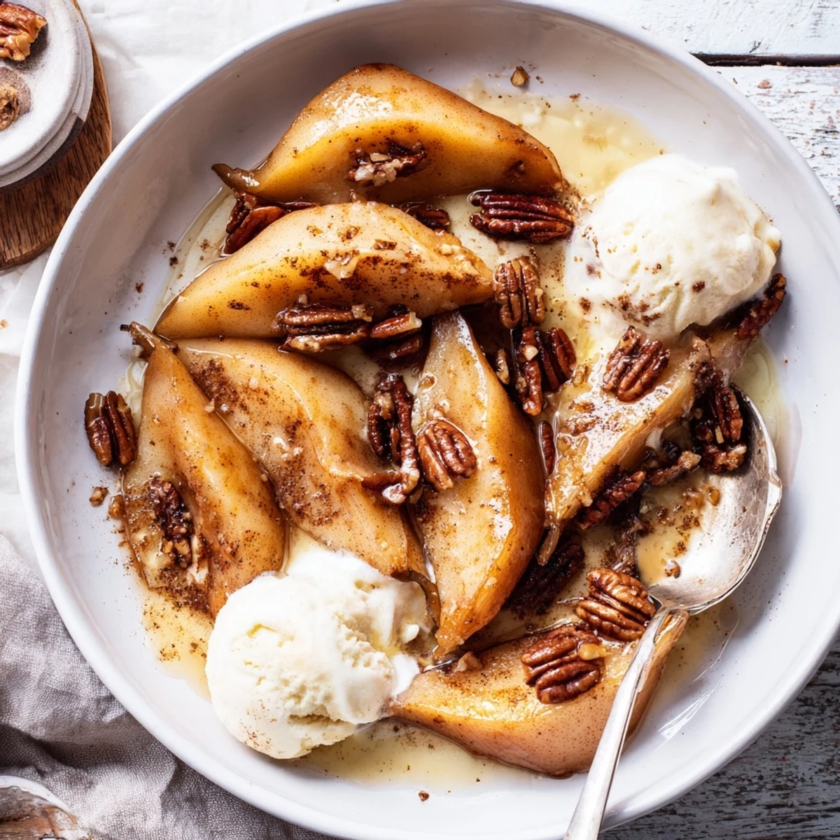 Golden-brown Maple-Warm Cozy Plate: Caramelized Pear and Walnut Bake, served warm with creamy vanilla ice cream.