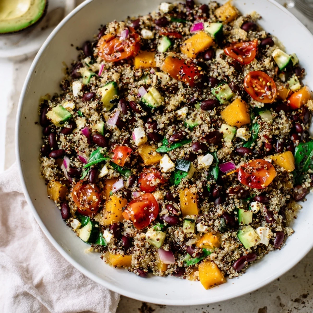 Fresh, zesty Poppy-Bright Quinoa and Black Bean Salad, a hearty bowl brimming with healthy ingredients.