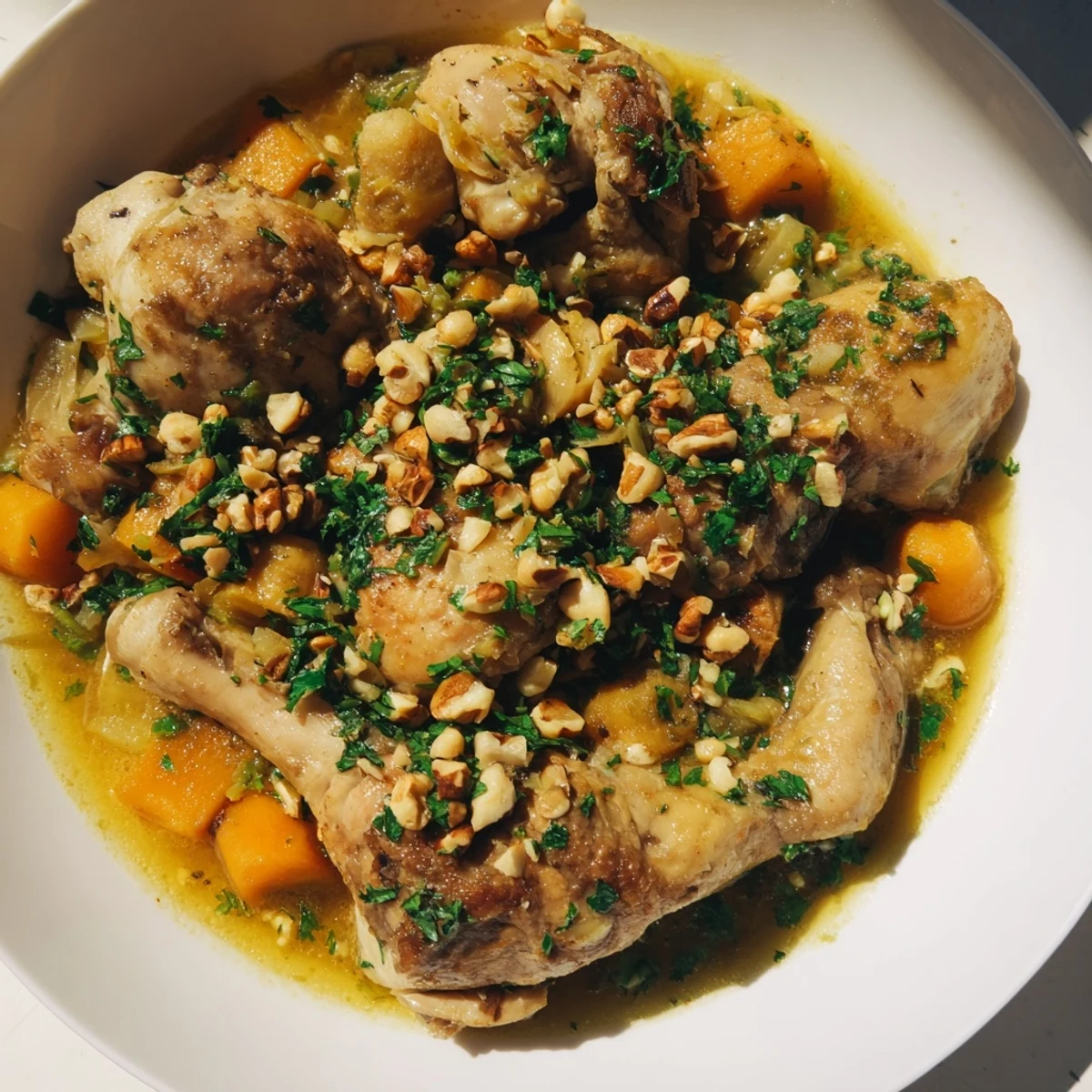 A close-up of Nut-Warm Homestyle Chicken and Dumplings, with steam rising from the comforting family meal.