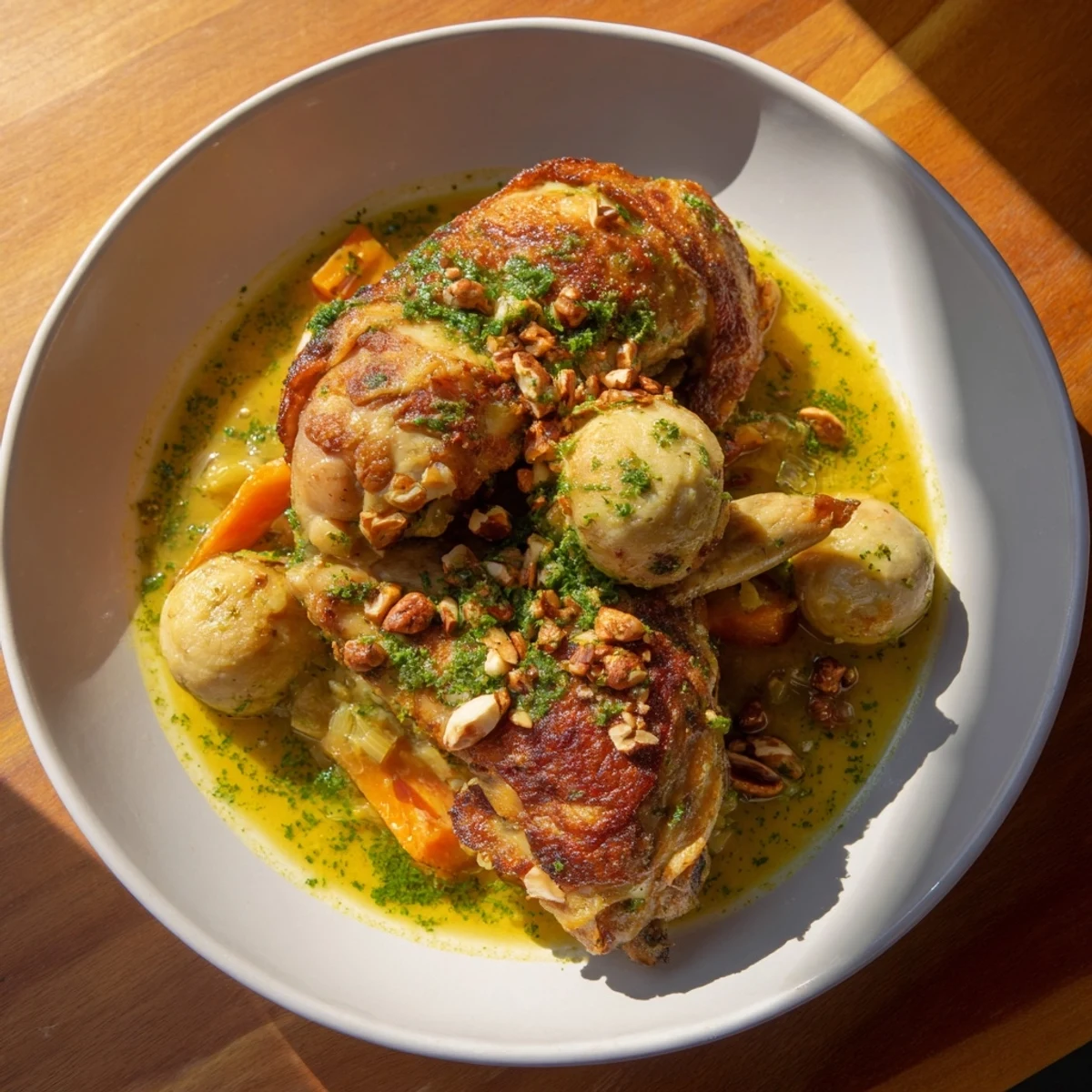 Enjoy a steaming bowl of Nut-Warm Homestyle Chicken and Dumplings, a hearty American classic.