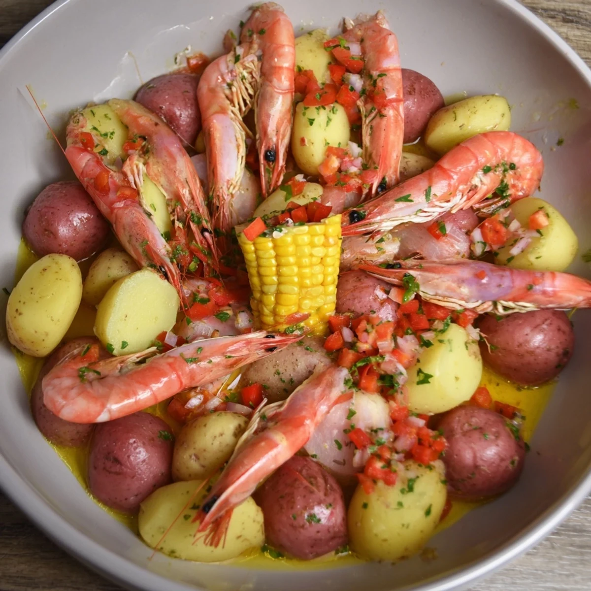 Steaming, one-pot Seaside-Inspired Shrimp Boil with plump shrimp, corn, and sausage glistening with butter.