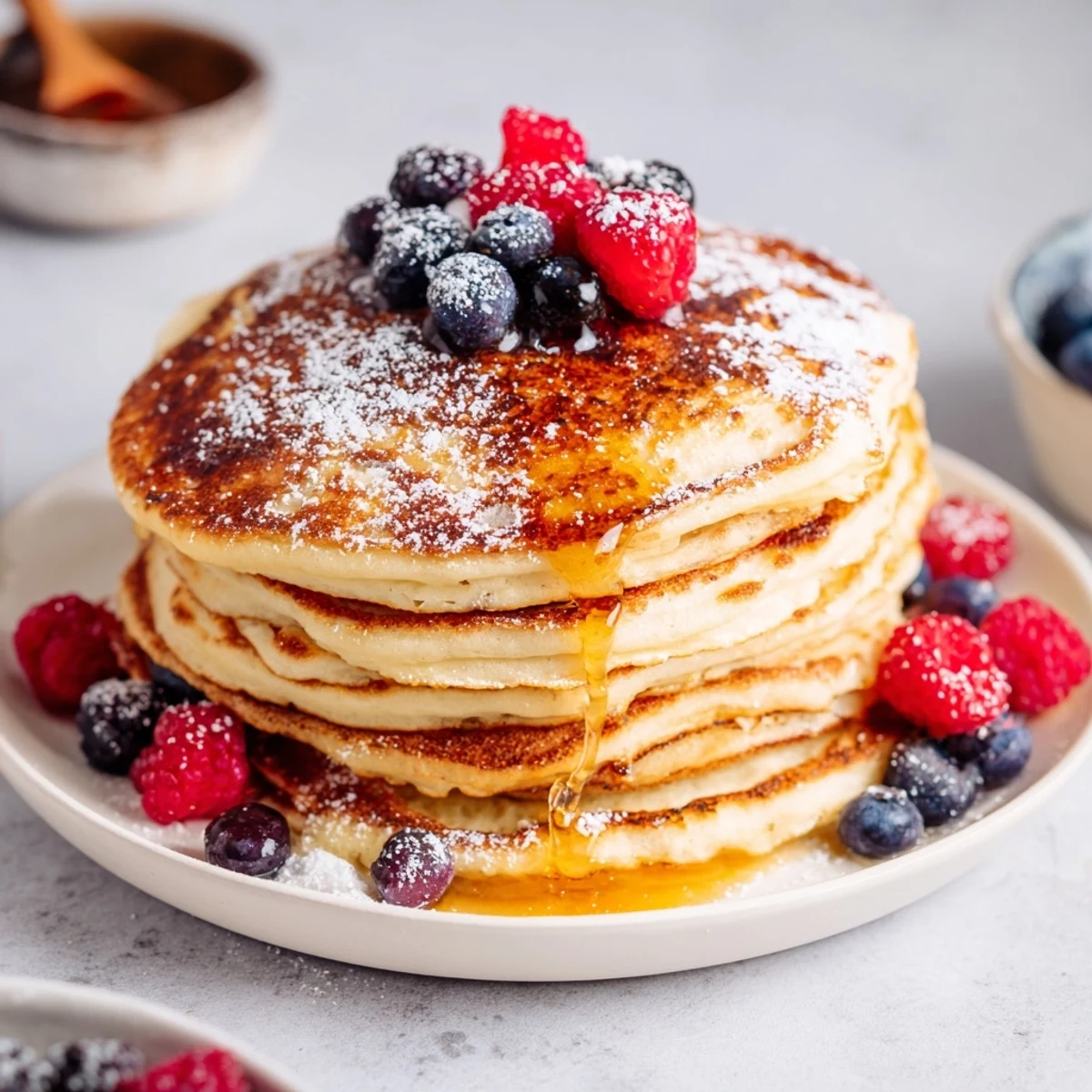 Fluffy ricotta pancakes stacked high, drizzled with maple syrup, ready to enjoy at breakfast.