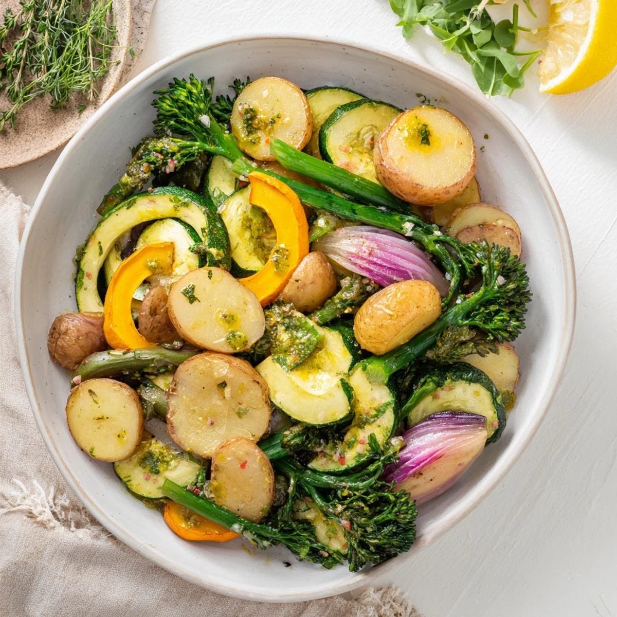 Golden-brown, roasted Light Herb & Fern-Inspired Vegetable Platter, bursting with fresh garden flavors for your table.
