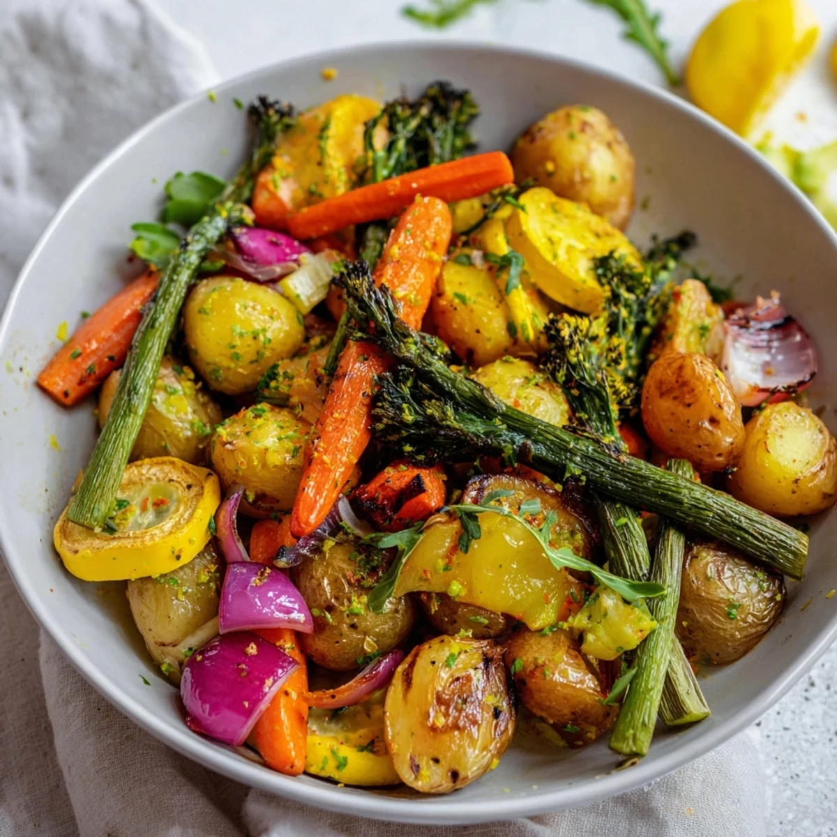 Vibrant Light Herb & Fern-Inspired Roasted Vegetable Platter, featuring tender greens and foraged ferns, ready to serve warm.