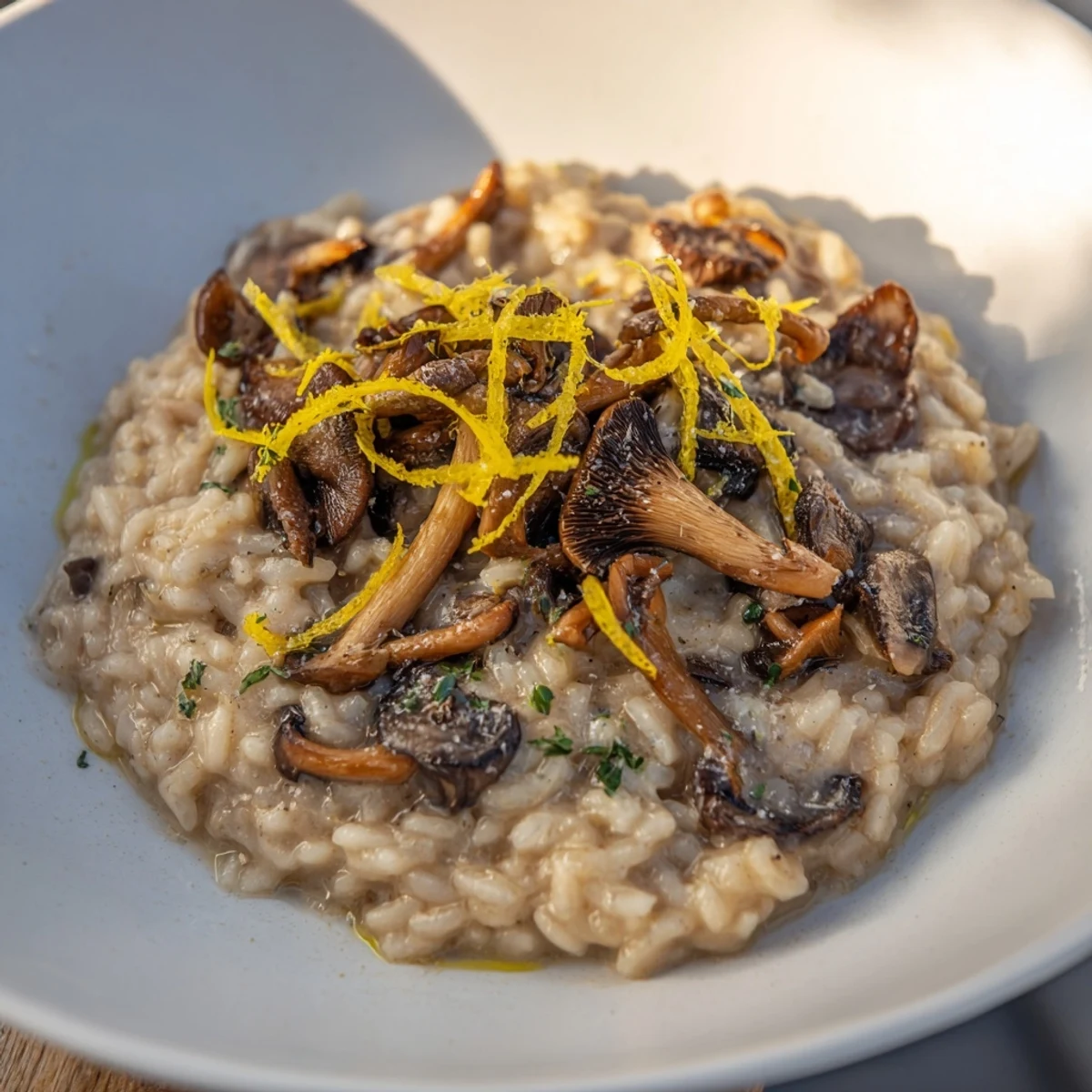 Cedar-Warm Mushroom and Thyme Risotto, a creamy delight, is garnished with fresh thyme and Parmesan.