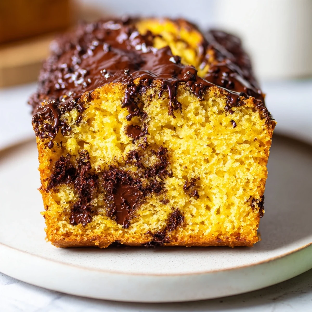 Warm slice of Chocolate Chip Banana Bread with melting chocolate chips, perfect comfort food.