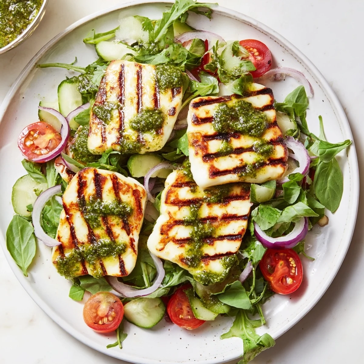 Golden grilled halloumi and pesto plate with fresh pesto drizzled over vibrant summer vegetables.
