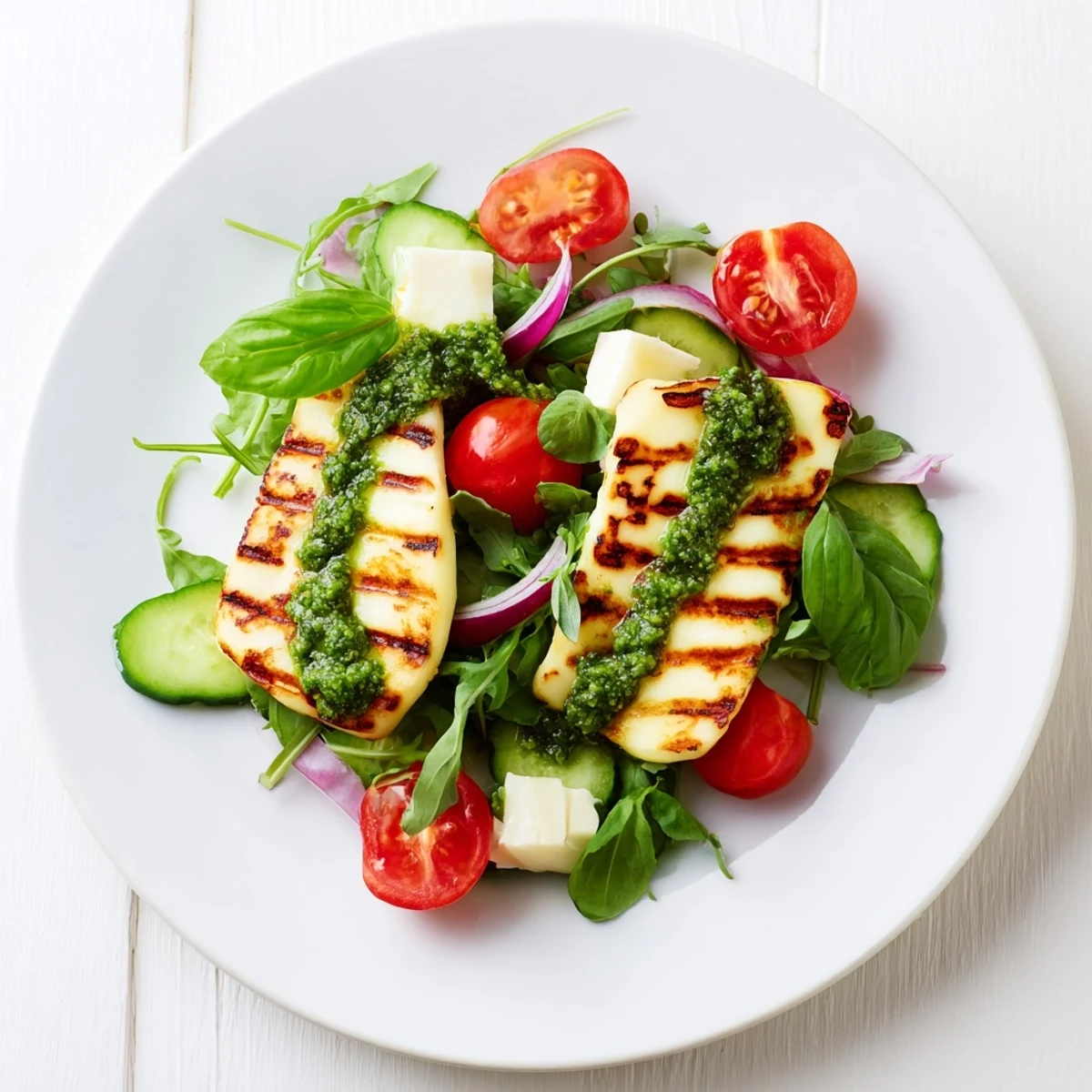 The delicious grilled halloumi is served with pesto sauce, creating a light, vegetarian dinner option.