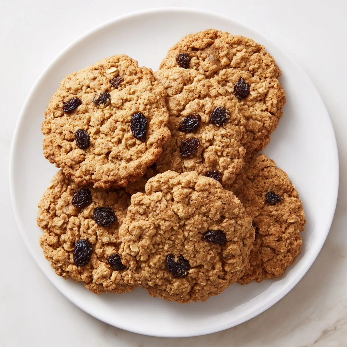 Golden-brown, freshly baked chewy oatmeal raisin cookies, perfect with a glass of cold milk.