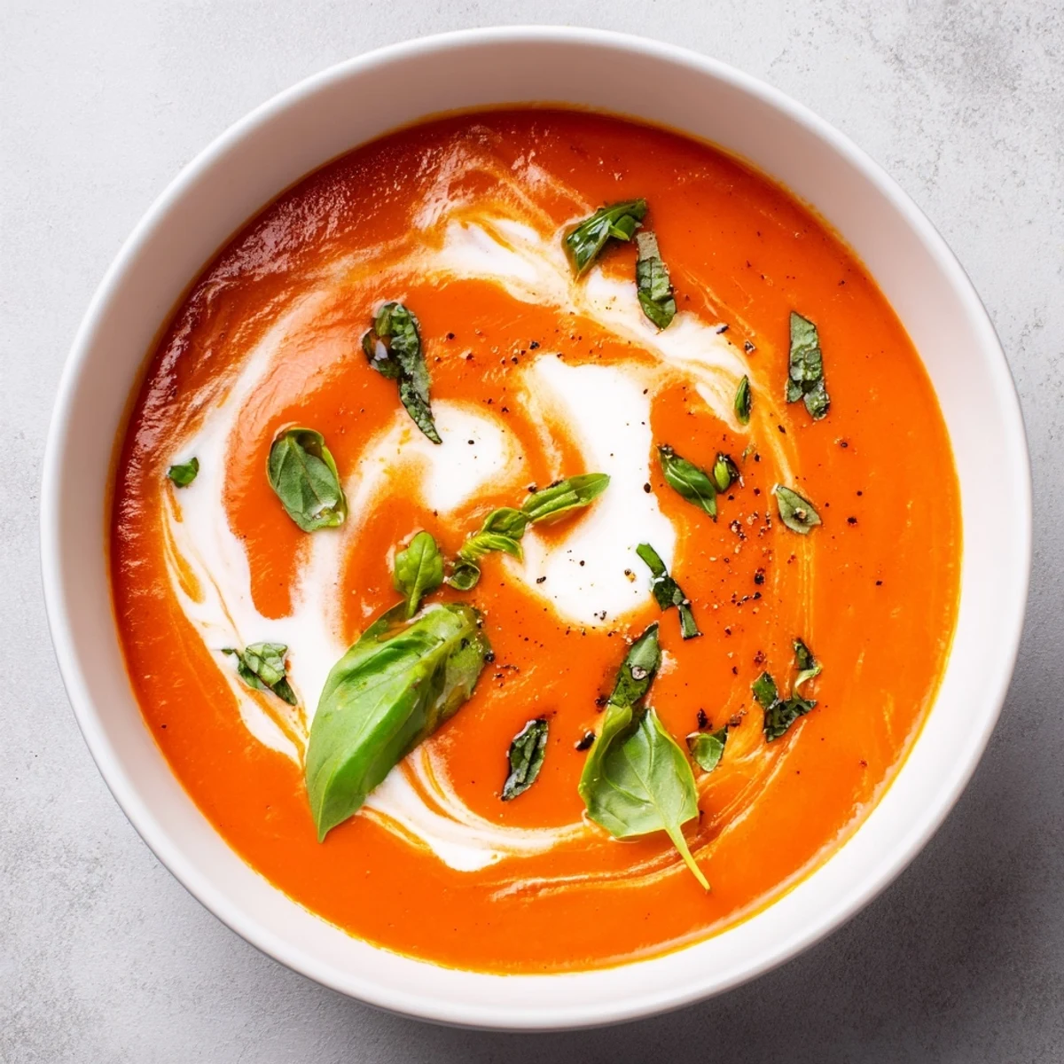 Enjoy a spoonful of rich, flavorful Whisked Weeknight Creamy Tomato and Basil Soup, perfect for a cozy dinner.