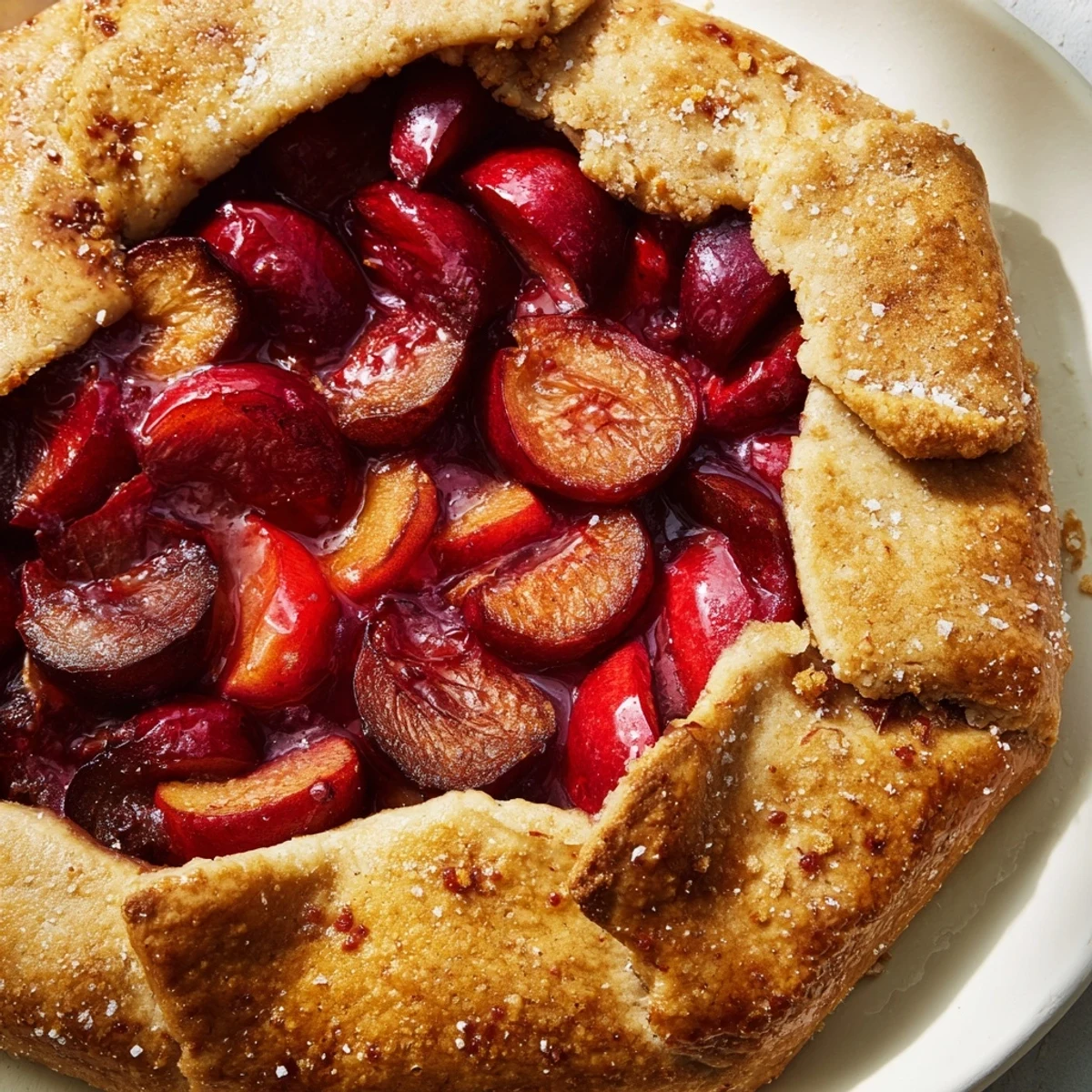 Close-up of a rustic Honey and Plum Galette, showing flaky crust and sweet, syrupy plums.