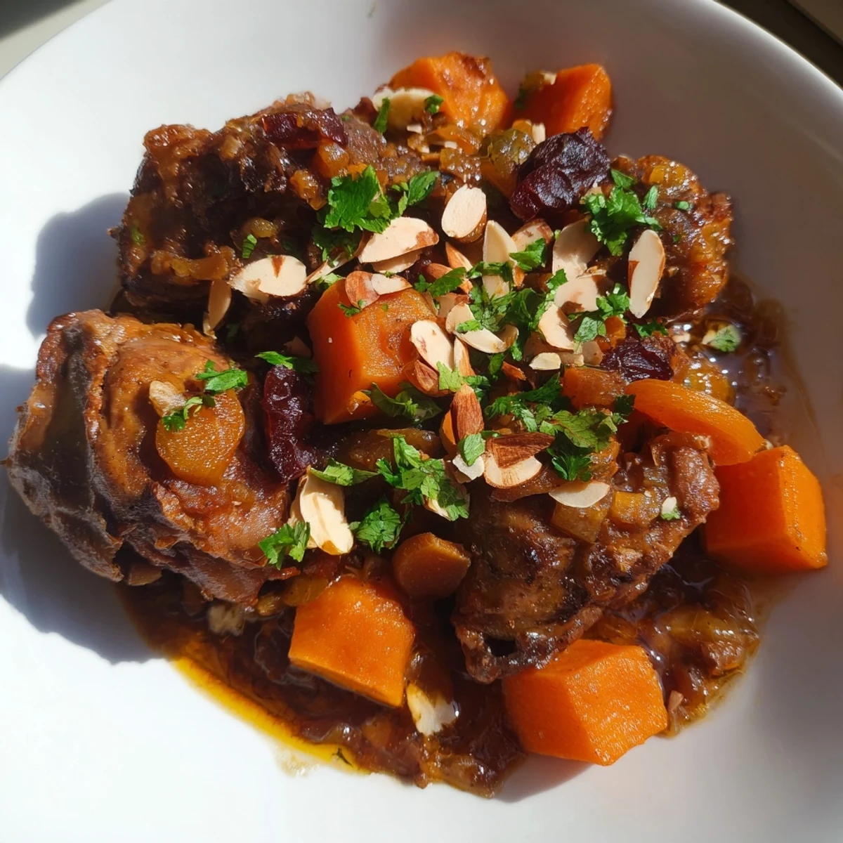 A steaming bowl of Soft Spice Slow-Cooker Chicken and Sweet Potato Tagine, ready to eat.
