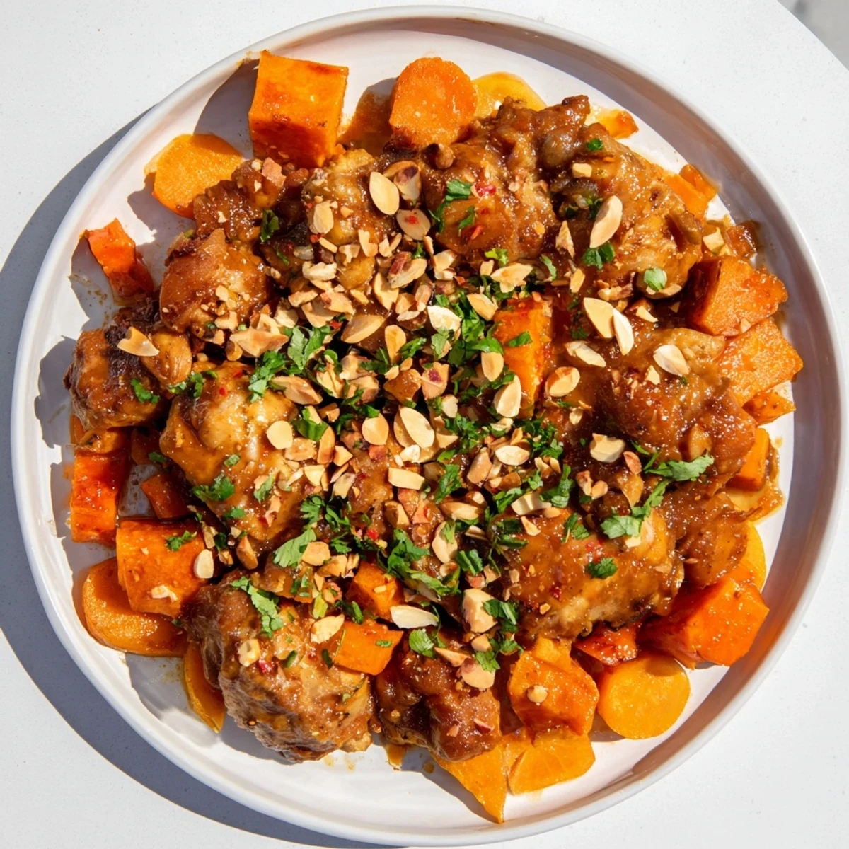 Golden chicken thighs and sweet potatoes simmer in the slow-cooker, creating a flavorful Soft Spice Tagine.