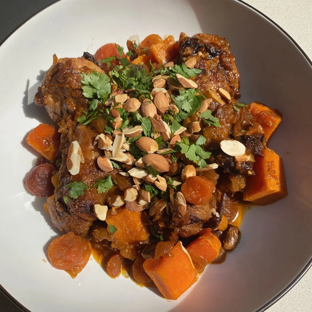 This delicious Soft Spice Slow-Cooker Chicken and Sweet Potato Tagine is served with cilantro and almonds.