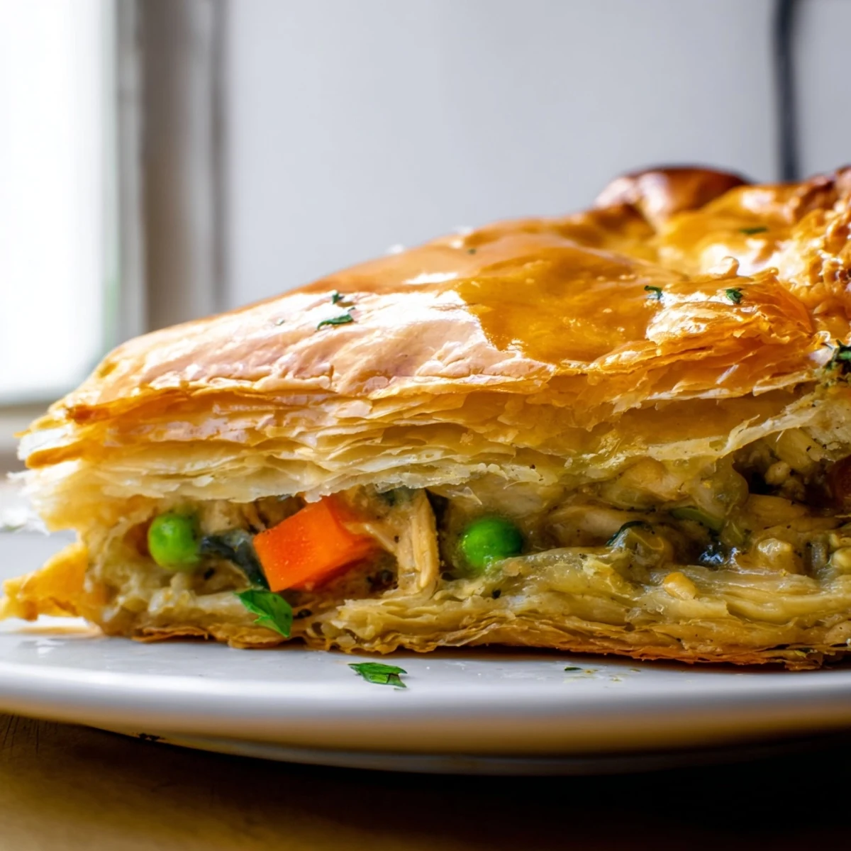 Golden-brown Laurel & Herb Chicken Pot Pie, full of savory chicken and veggies beneath a flaky crust.
