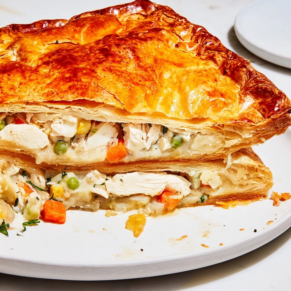 This warm, inviting photo shows a steaming slice of Laurel & Herb Chicken Pot Pie, ready to enjoy.