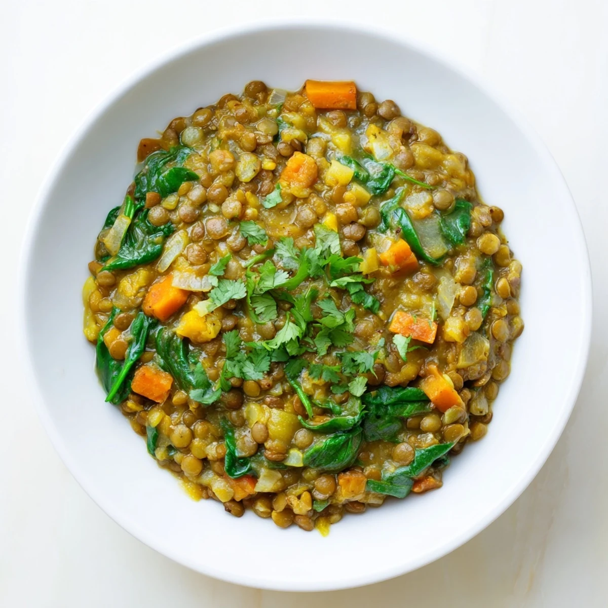 Hearty Lentil and Spinach Curry featuring tender lentils, aromatic spices, and a final squeeze of lemon juice.