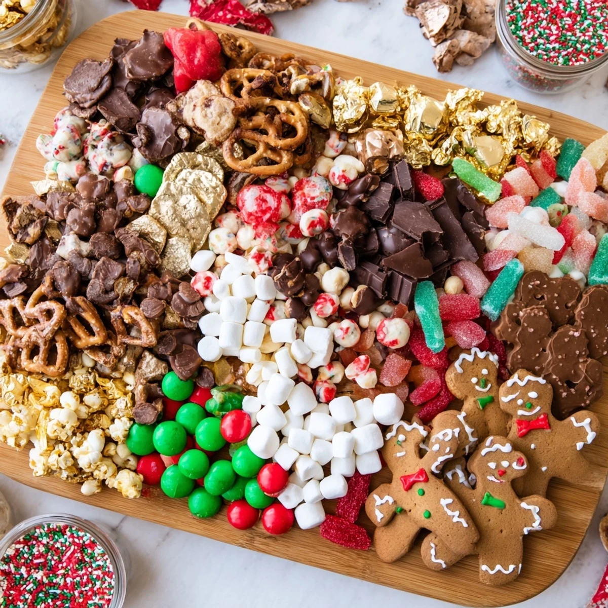 A colorful Santa's Sack Candy Avalanche bursting with holiday candies, a sweet treat centerpiece on a board.