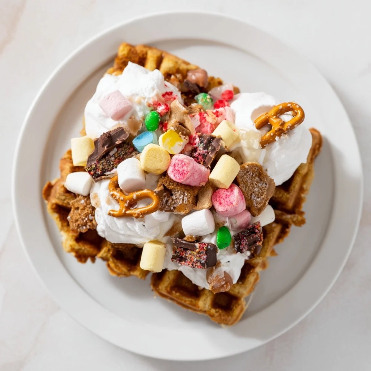 Golden-brown Gingerbread House Waffle Bar with a variety of colorful holiday candy toppings for fun.