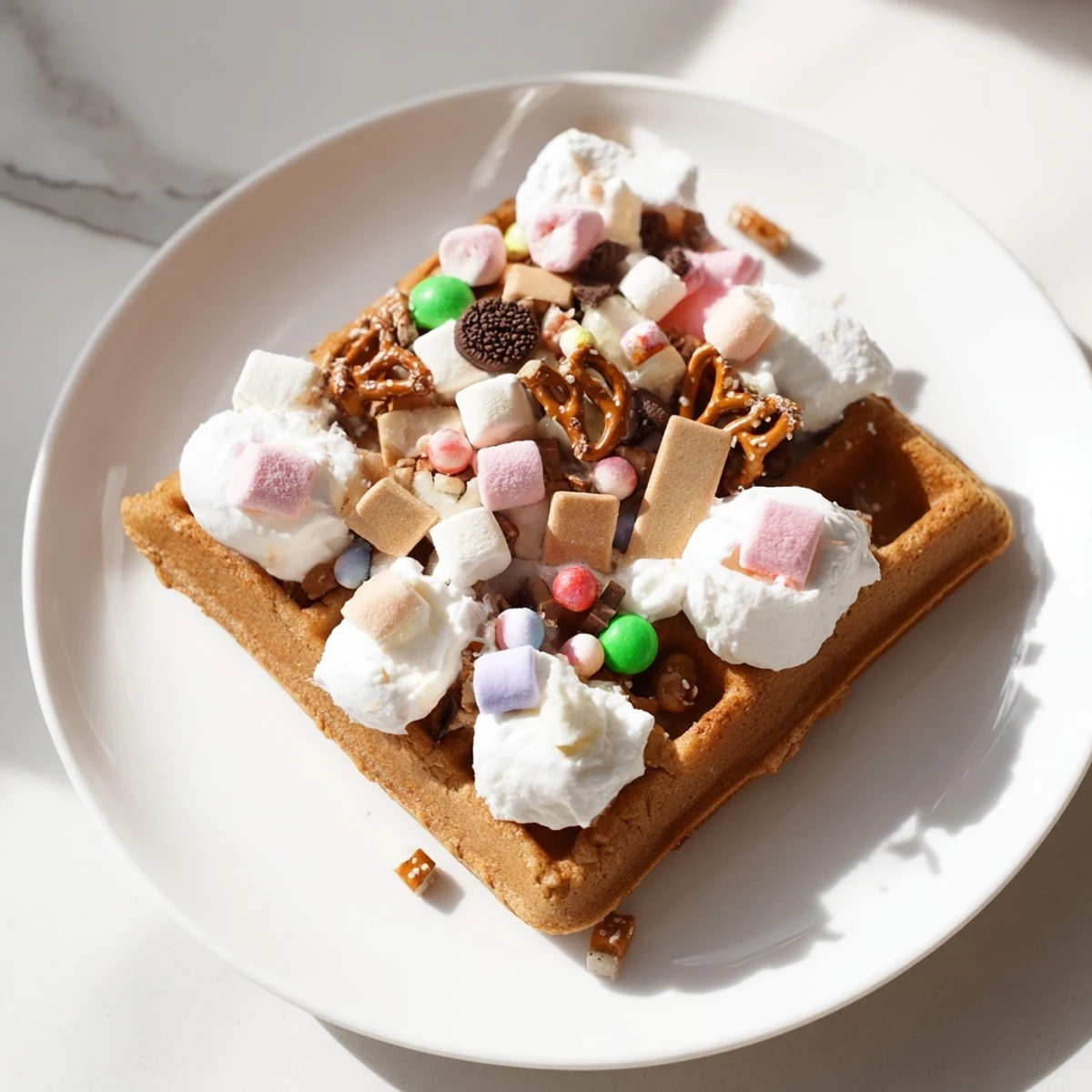 A beautifully arranged Gingerbread House Waffle Bar, ready to be decorated with festive treats and served.