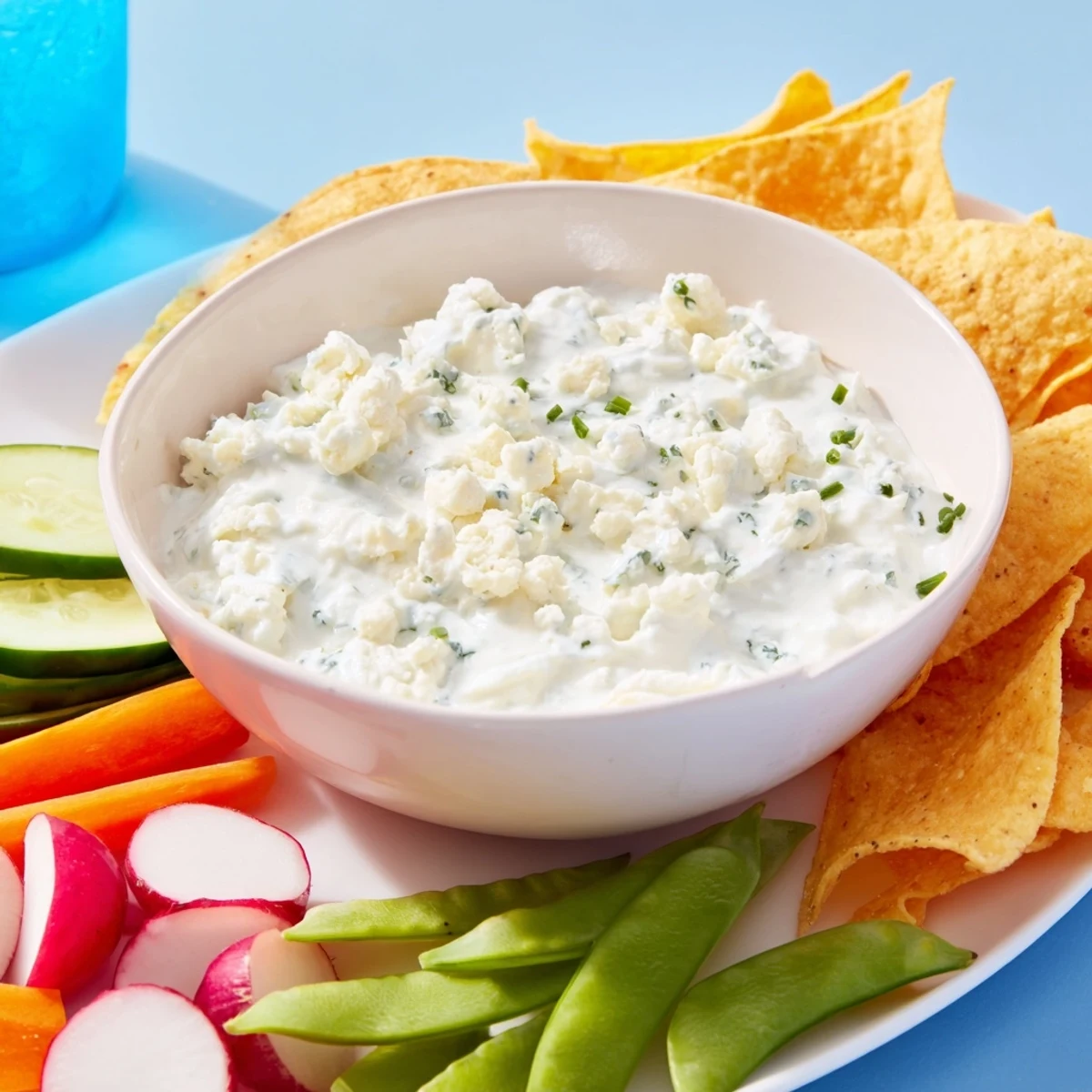 Creamy Frozen Pond Blue Dip Platter, a beautiful appetizer with veggie dippers and blue cheese.