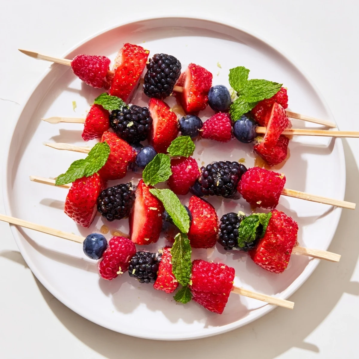 Vibrant Fruit Skewers with fresh berries and mint—a refreshing, healthy snack or dessert idea.