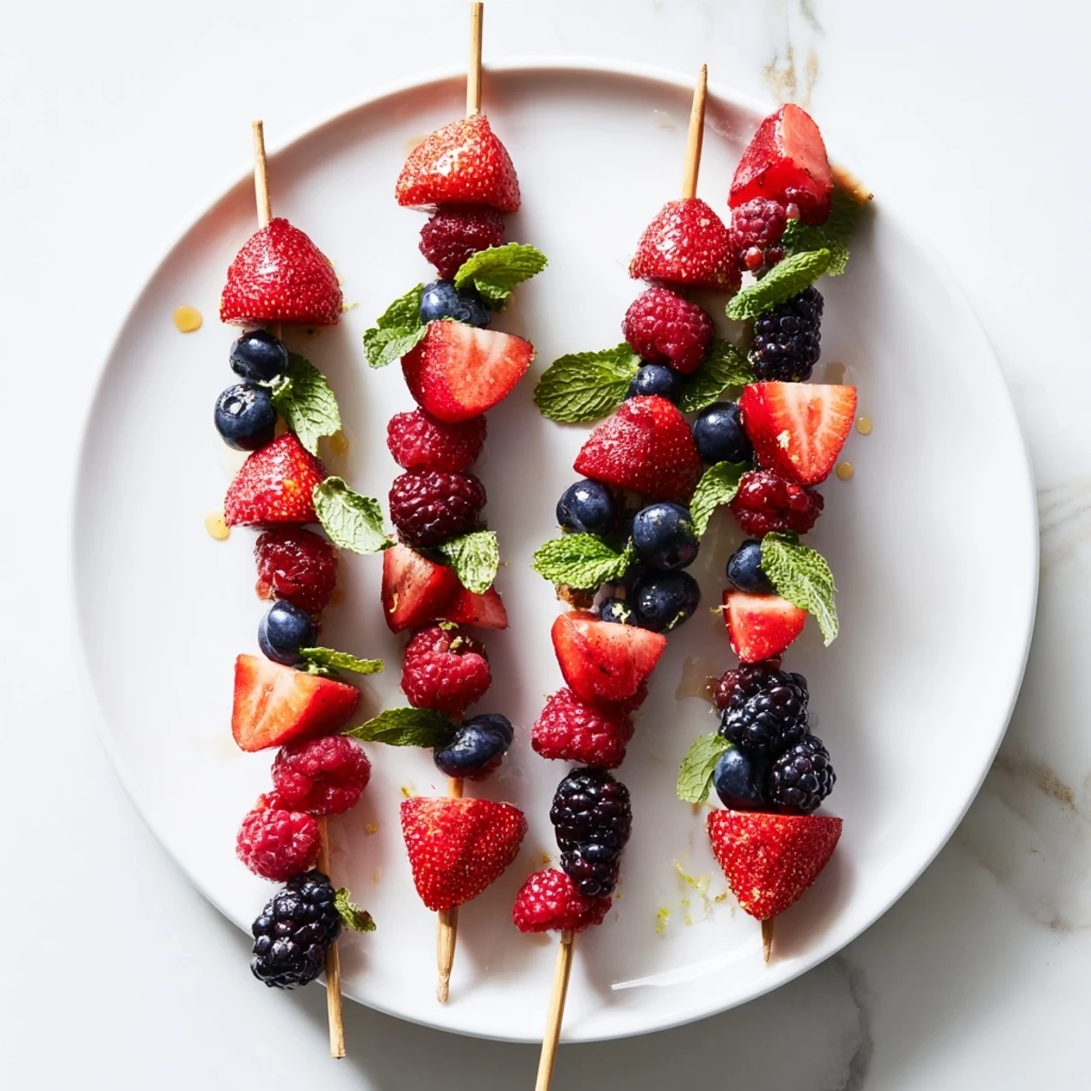 Enjoy the bright, colorful presentation of these healthy Fruit Skewers ready for a summer party, visually appealing.