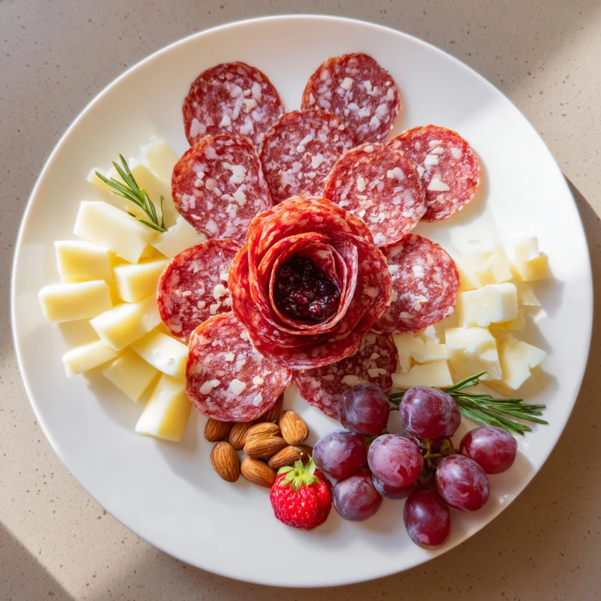 This Easy Charcuterie board showcases a stunning salami rose surrounded by colorful fruits and cheeses.