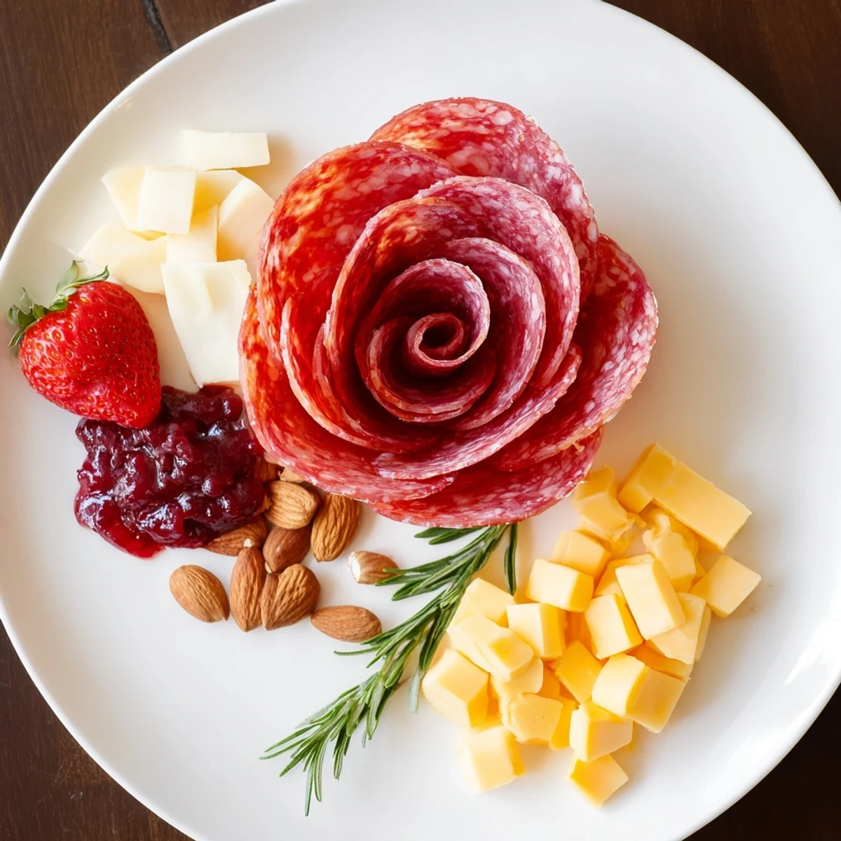 Easy Charcuterie: Salami Rose Board, a vibrant single serving appetizer with a savory salami rose.