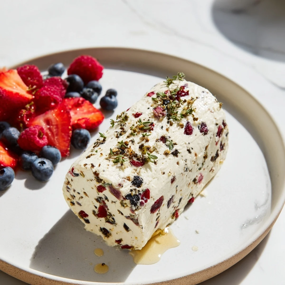 A gorgeous view of the cranberry and goat cheese log topped with fresh, juicy berries.