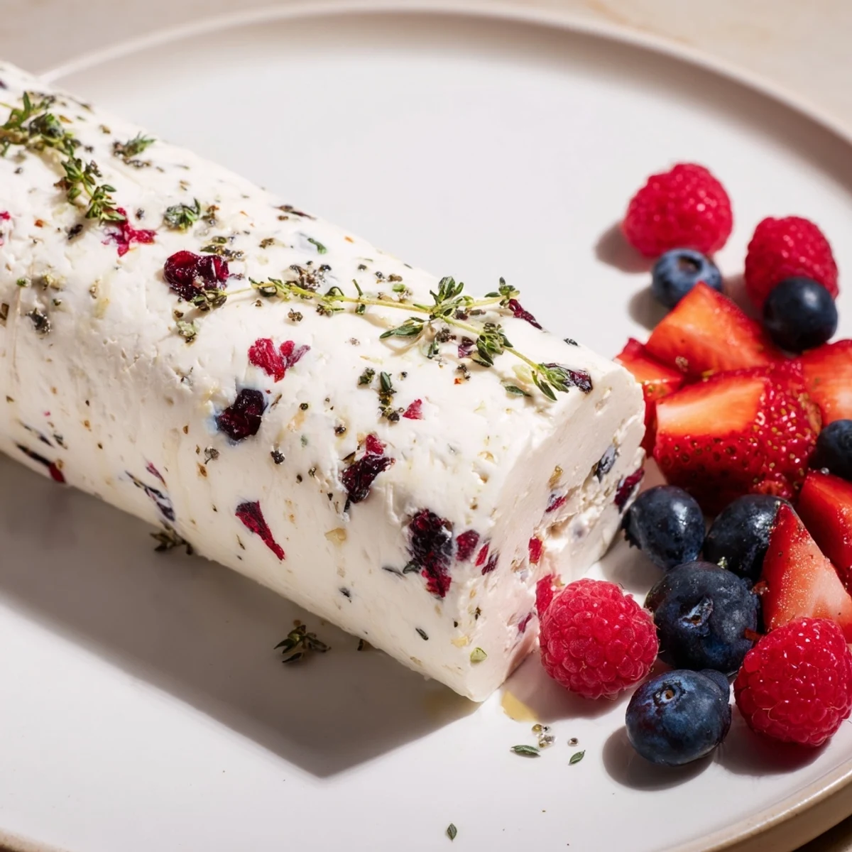 Creamy cranberry & goat cheese log, garnished with vibrant berries ready to serve with crackers.