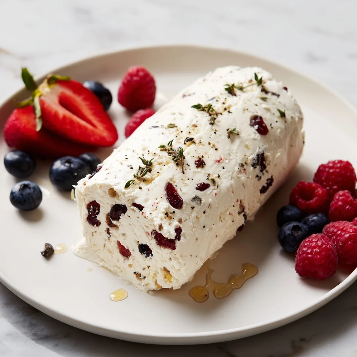 Picture a holiday appetizer: The cranberry & goat cheese log set among colorful fresh berries.