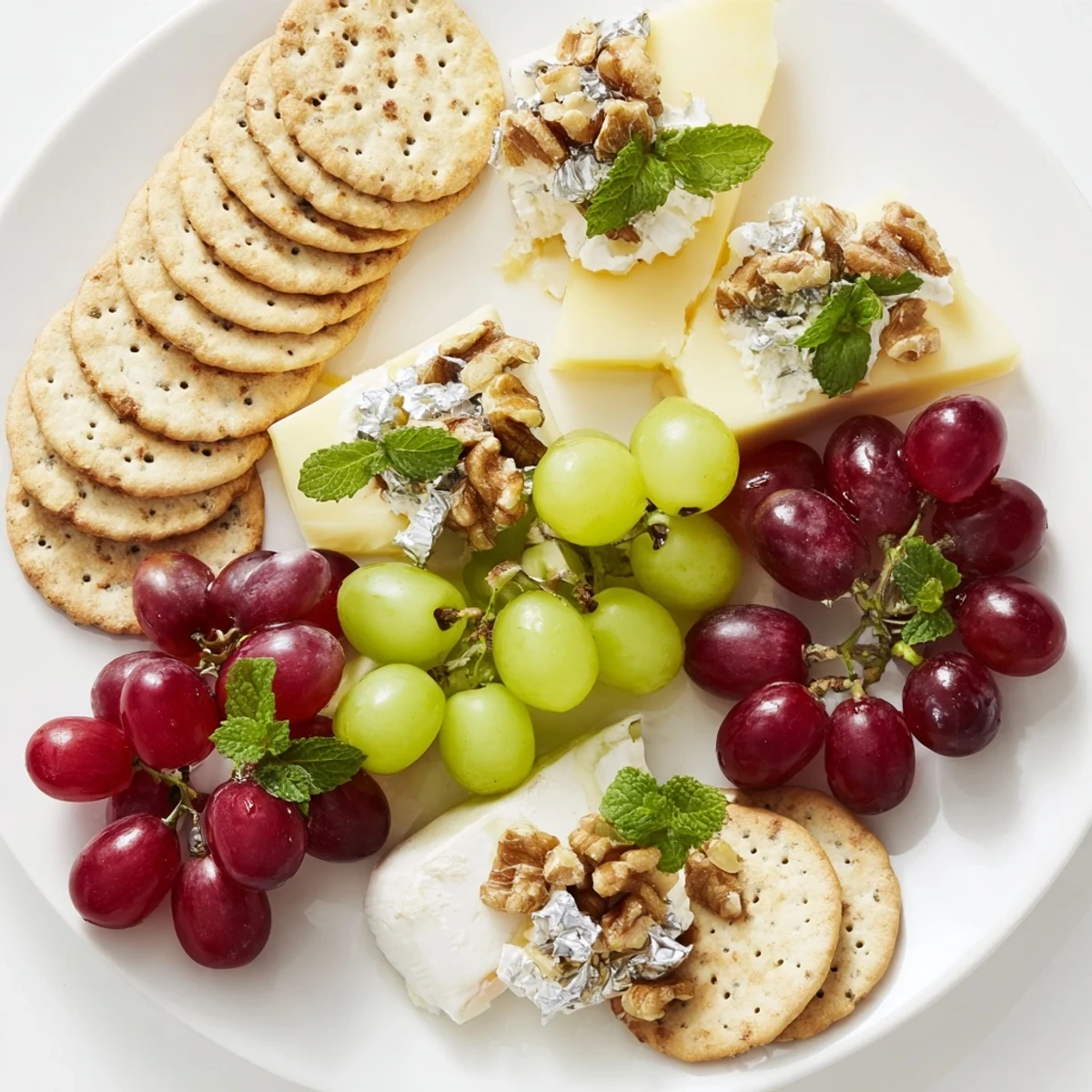 Sparkling Grape and Silver Cracker Platter featuring brie, grapes, and crackers, perfect for a party appetizer.