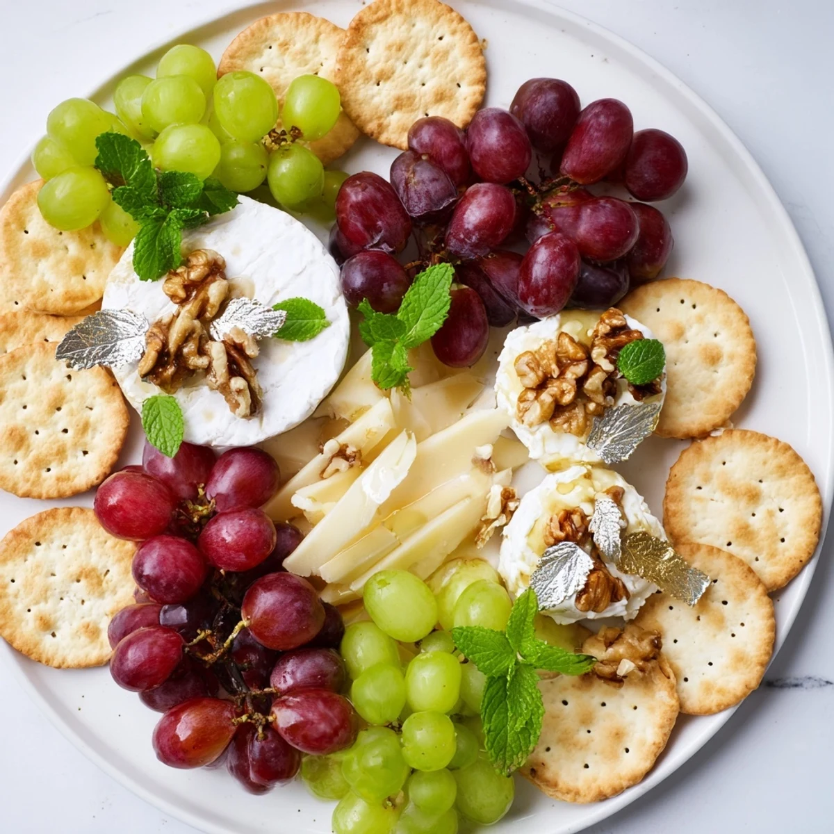 Vibrant image of red and green grapes alongside the Sparkling Grape and Silver Cracker Platter arrangement.