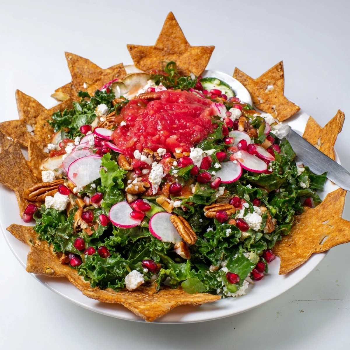 The colorful Winter Salad showcases crispy snowflakes, fresh salsa, and pomegranate seeds for a burst of flavor.